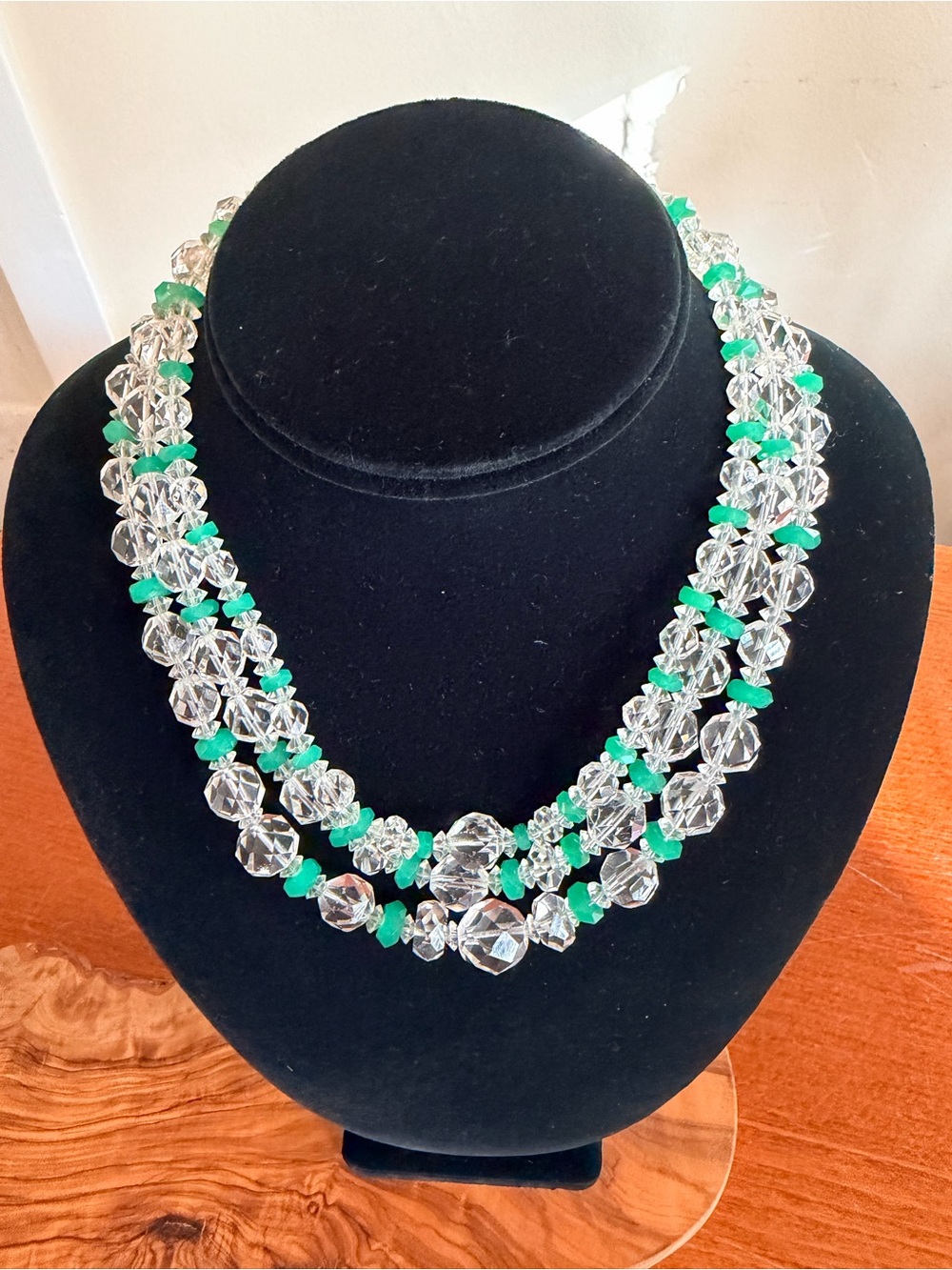 Vintage 3 Strand Heavy Faceted Clear Green Glass Necklace 4.3 oz